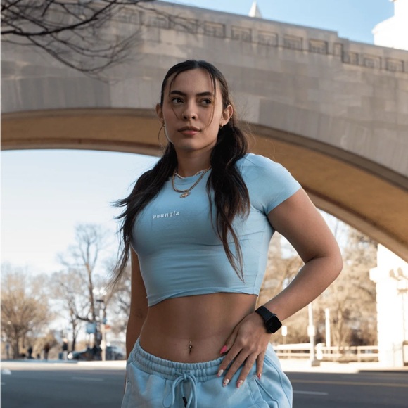 YoungLA Light Baby Blue Cropped Baby Tee and Matching Skort Set- LIKE NEW - Picture 3 of 12